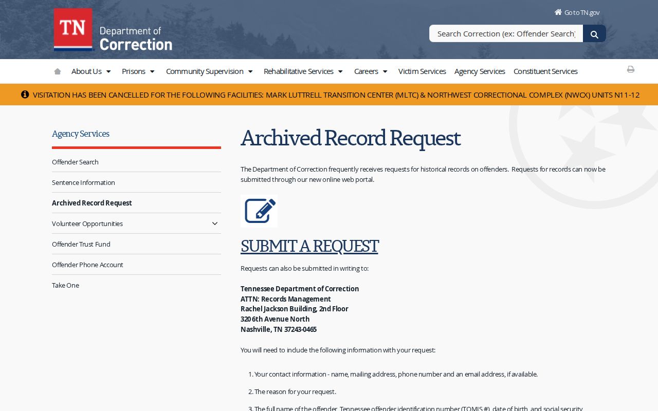 TDOC historical state record request for Pickett County cases